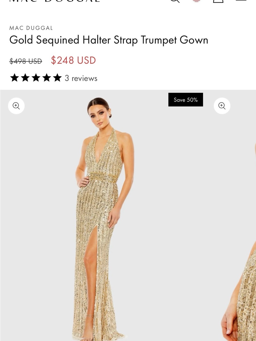Mac Duggal Gold Sequined Halter Strap Trumpet Gown
